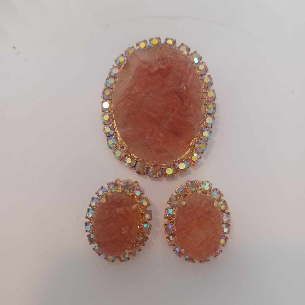 D&E Juliana Orange AB Rhinestone And Glass Brooch Earring Set Book piece Vintage
